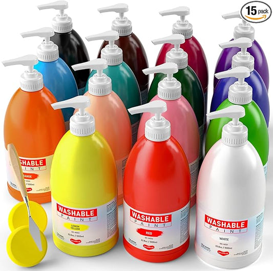 15 Colors Large Washable Paint Set (33.8oz/ 1000ml), Bulk Painting Supplies Non Toxic Tempera Paint for Kids Toddlers, Poster & Finger Paint for Art DIY Craft Classroom School Home-with Pump
