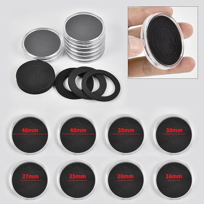 168 Pcs 46mm Coin Capsules Case with Foam Gasket and Plastic Storage Organizer, Coin Holder for Collectors, 8 Sizes (16 20 25 27 30 35 40 46mm). Coin box for Coin Collection Supplies Only-Black Gasket