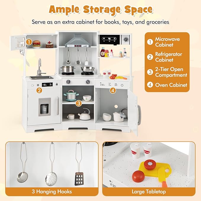 HONEY JOY Corner Kids Kitchen Playset, Wooden Toy Kitchen Set w/Lights & Sounds, Range Hood, Ice Maker & Coffee Maker, Microwave, Sink, Faucet, Little Chef Pretend Play Kitchen for Toddlers, White