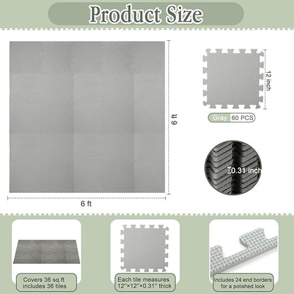 Nuanchu 60 Pcs Kids Foam Puzzle Floor Mat Bulk Solid Color Foam Play Mat with Borders Interlocking Multi Use Floor Rug for Baby Toddler Children Crawling Exercise Playroom 12 inch (Gray)