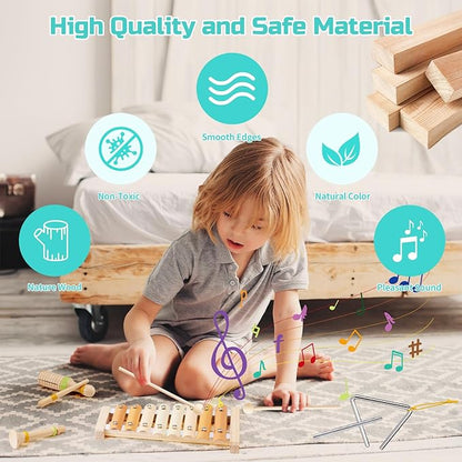 Baby Musical Instruments Set Montessori Wooden Toy for Toddlers 3 Percussion Music Xylophone for Kids Preschool Learning Resource Christmas Birthday Gifts for Boys Girls Aged 3 4 5 (Warm)