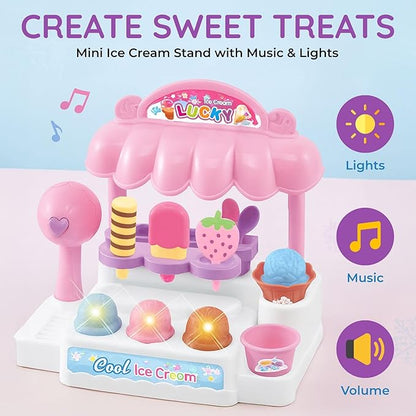 Ice Cream Store Mini Cash Register with Pretend Play Desserts, Working Scanner, Calculator, Microphone, Money and Credit Card
