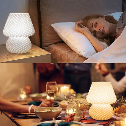 USB Plug-in Mushroom Lamp Small Bedside Table Lamp with 3 Temperature LED Bulb,Free Dimming Nights Light for Bedroom/Living Room/Entryway/Corner Decor (Stripe White)
