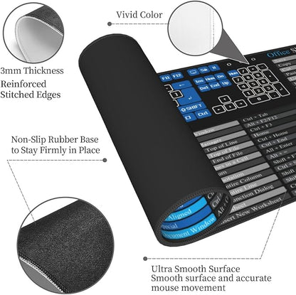 Excel Mouse Pad，Excel Cheat Sheet Desk Pad，Gaming Mouse Pad, Non-Slip Rubber Base Mousepad, Stitched Edges, 31.5x11.8 inch for Home Office