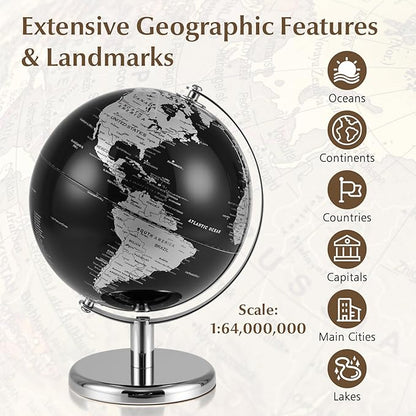 8" World Globe, Black Earth Globe with Silver Accents, Metal Stand, Non-slip Base & Time Zone, Decorative Tabletop Desk Globes for Classroom, Office & Home