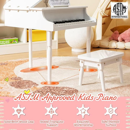 Goplus 30-Key Classical Kids Piano, Mini Grand Piano Wooden Learn-to-Play Musical Instrument Toy with Bench, Piano Lid, Music Rack, Gift for Boys Girls Aged 2+ Baby Toddler(3 Straight Leg-White)