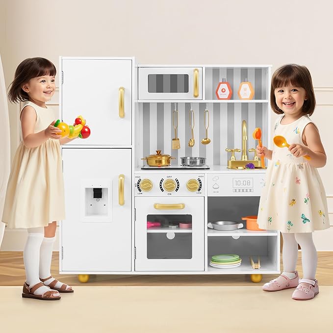 INFANS Kid Kitchen Playset, Toddler Wooden Pretend Cooking Set with Realistic Light & Sound, Stove, Sink, Microwave, Storage Cabinet, Play Kitchen Toy Set for Children Boys Girls (Gold)