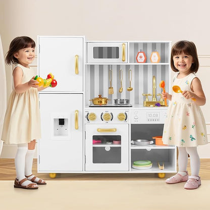 INFANS Kid Kitchen Playset, Toddler Wooden Pretend Cooking Set with Realistic Light & Sound, Stove, Sink, Microwave, Storage Cabinet, Play Kitchen Toy Set for Children Boys Girls (Gold)