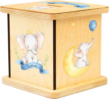 Wooden Piggy Bank for Kids and Adults, Personalized Gift Handmade in USA by BloomOwl, Custom Piggy Bank, Personalized Banks for Kids, Gifts for Baby Boys and Girls (Elephant- Blue)