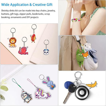 chfine Heat Shrink Plastic Sheets Keychain Kit, 200Pcs Shrinky Dink Sheets Kit Shrink Art Kits Including 20 Pcs Shrink Paper Sheets, Hole Punch, Pencils, Keychains, Tweezers, Scissors for Crafts