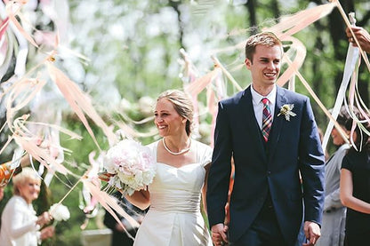 100 Pieces Wedding Ribbon Sticks Wands with Bell, Pink Champagne Ribbon Streamer Silk Fairy Wand for Wedding Send Off Idea, Bridal Shower and Ceremony Exit Event