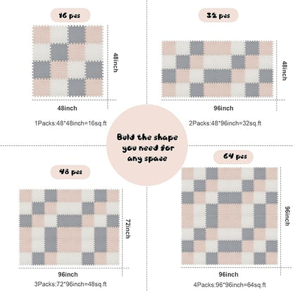 Shihanee Foam Floor Baby Tiles Foam Floor Mats Play Mats Bulk with Borders Interlocking for Kids Baby Playroom Nursery Gym (White, Beige, Gray,64ft)