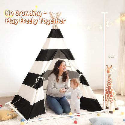 Teepee Tent for Kids with Lights, and Carry Bag, Washable Playhouse for Indoor Use, Ideal Play Tent for Girls and Boys, Stripe Black
