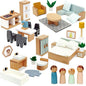 PairPear Wooden Toys Dollhouse Furniture Playset,35 Piece Furnitures with Family Dolls,Doll House Accessories Pretend Play Gift for Girls and Boys 3 Year and Up