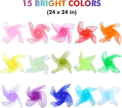 Colovis 30 Pack Dance Scarves,15 Colors Square Juggling Scarf Props Magic Trick Silk Scarves Music Movement Scarf for Kids to Play with, 24 by 24 Inches