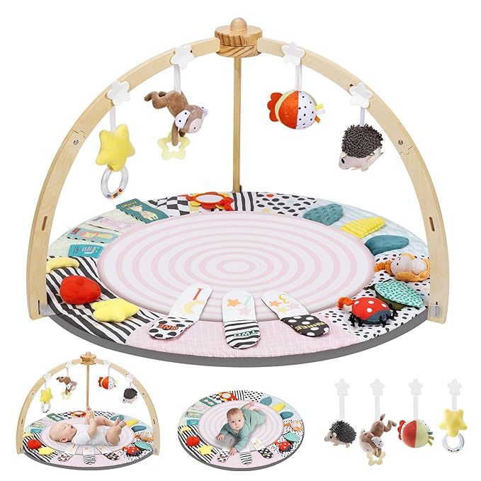 Baby Play Mat Activity Gym,6 Developmental Zones Tummy Time Mat, Wooden Baby Play Gym with 7 Detachable Sensory Toys for Newborn Brain Development, Essential Baby Shower Set, Pink