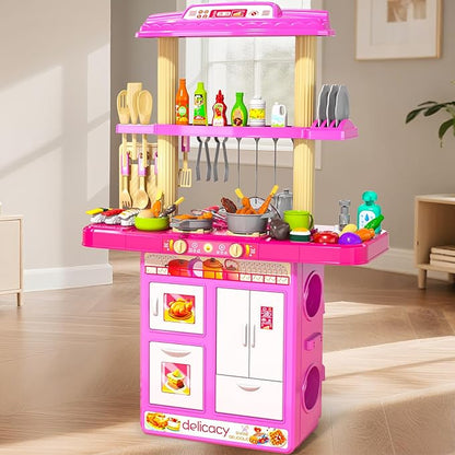 Pretend Play Kitchen Toys for Kid Ages 2-6 4-8, 2 Sided Kitchen Toys with Light, Sound and Spraying, Sink Toy Accessories, Cooking Stoves, Food Toys for Toddlers 1-3 3-5 Boys Girls 6-12 (Pink)