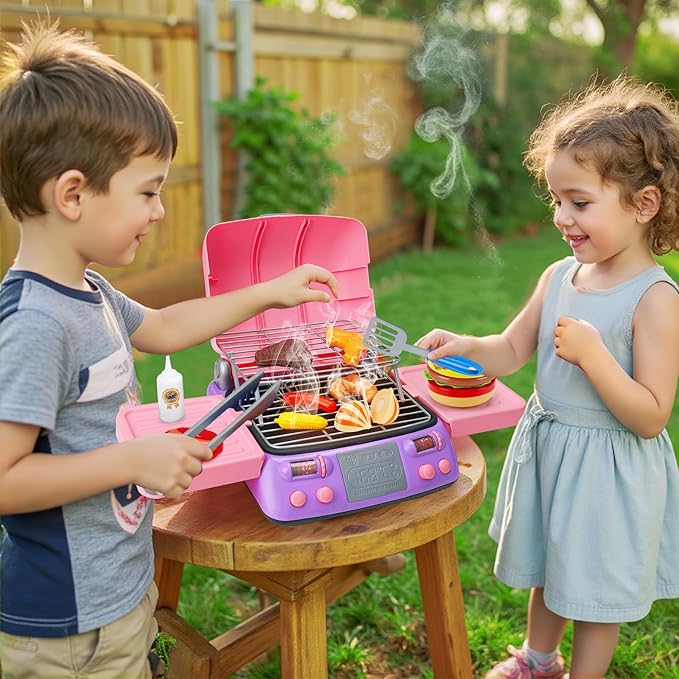 Kids BBQ Grill Playset with Coooking Apron Hat Toddler Girl Pink Kitchen Toy Ages 3-5 4-8 Pretend Smoke Sound Light Outdoor Barbecue Accessories Toy for 3 4 5 Year Old Girl Birthday Gift