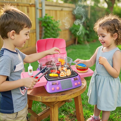 Kids BBQ Grill Playset with Coooking Apron Hat Toddler Girl Pink Kitchen Toy Ages 3-5 4-8 Pretend Smoke Sound Light Outdoor Barbecue Accessories Toy for 3 4 5 Year Old Girl Birthday Gift
