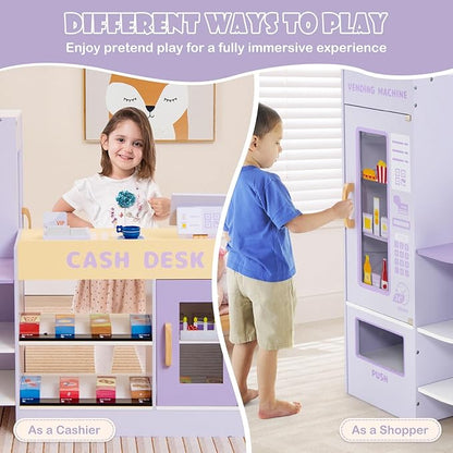 HONEY JOY Kids Grocery Store Playset, Wooden Supermarket Playset w/Cash Register & Vending Machine Toy, Blackboard, Checkout Counter Stand, Grocery Store Pretend Play for Toddler Boys Girls (Purple)