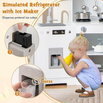 HONEY JOY Corner Kids Kitchen Playset, Wooden Toy Kitchen Set w/Lights & Sounds, Range Hood, Ice Maker & Coffee Maker, Microwave, Sink, Faucet, Little Chef Pretend Play Kitchen for Toddlers, White
