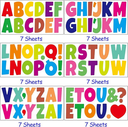 Bemeol 42 Sheets 504 Pieces Letter Stickers Bulletin Board Letters 2.5 Inch Self Adhesive Alphabet Sticker Letters for Poster Board Classroom Crafts Home Decor(Colorful)