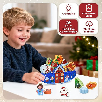 Vileafy Christmas Toys for Toddlers and Kids Gifts, Xmas Wooden Stacking Toys -12 Play Figure Playsets -Santa Claus, Snowman, Reindeer & Gingerbread Man for Stocking Stuffers