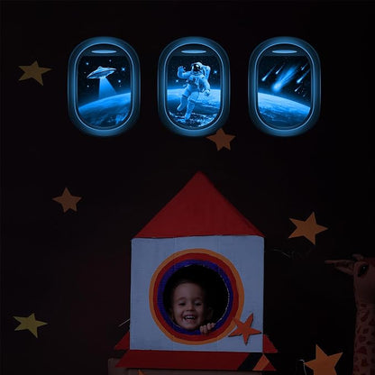 Glow in The Dark 3D Space Wall Decals, Set of 3 Galaxy Window Stickers for Wall, Space Themed Room Decor for Kids Boys (Blue)