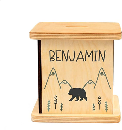 Wooden Piggy Bank for Kids and Adults, Personalized Gift Handmade in USA by BloomOwl, Custom Piggy Bank, Personalized Banks for Kids, Gifts for Baby Boys and Girls (Minimal Bear)