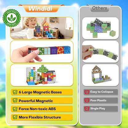 150PCS Magnetic Building Blocks - 6 Big Magnetic Base Building STEM Toys, Magnet Cube Game for Kids, Build Mine Castle Volcano World for Boys Girls Age 3-5 4-8 8-12, Sensory Outdoor Travel Toys Gifts
