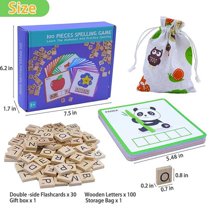 Spelling Games with 30 Double-Sided Flash Cards, 100Pcs Wooden Letters Sight Words Matching Game, Alphabet ABC Learning Educational Toys for Kids Ages 3-8