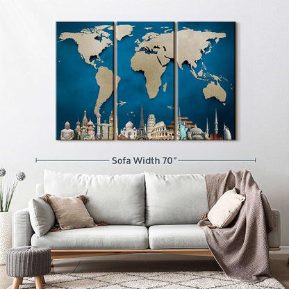 ElephantStock Ocean Blue World Map Multi Piece Canvas - 3 Panel Wall Decor - Map of the World Art - Canvas for the Office and Home - 57" X 36"