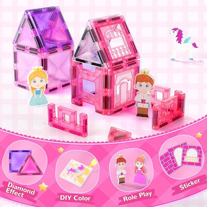 Diamond Magnetic Tiles Building Blocks – Princess Castle Pretend Play Toys with DIY Painting Set and Stickers for Kids 4 5 6 7 8 Year Old STEM Educational Birthday for Girls Boy
