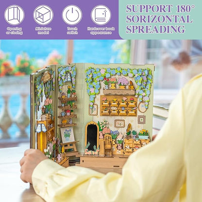 MOMIBOOK Book Nook Kit, 440 PCS DIY Miniature Dollhouse Kit for Adults, 3D Wooden Mini Puzzle Booknook Bookend Bookshelf Decor, Tiny House Model, Christmas Birthday Gifts, Fragrance Florist