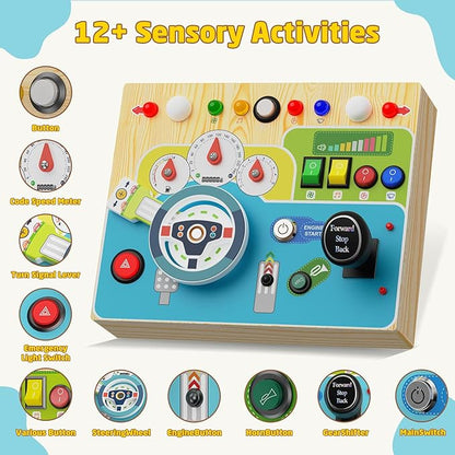 Busy Board With Led Light - Montessori Busy Board Wooden Sensory Toys for Toddlers 1 2 3 Years Old, Educational Baby Fidget Boards Toy, Creative Birthday Christmas Gifts for 1-3 2-3 3-4 Year Old Boys