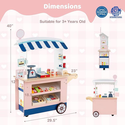 HONEY JOY Kids Food Cart, 30-Piece Toddler Pretend Play Grocery Store Playset w/Cash Register & Scale, Wooden Dessert Shop Play Market, Children Beverage Stand Cart w/Wheels, Gift for Boys Girls