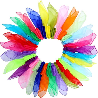 Colovis 30 Pack Dance Scarves,15 Colors Square Juggling Scarf Props Magic Trick Silk Scarves Music Movement Scarf for Kids to Play with, 24 by 24 Inches