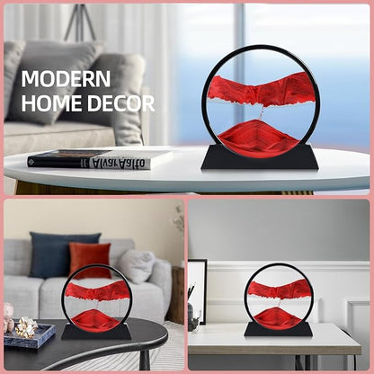 Moving Sand Art Liquid Motion, 3D Deep Sea Sandscape Color Quicksand Decor, Round Glass Moving Sand Art Picture Relaxing Desktop Home Office Work Decor (Red, 12 inch)