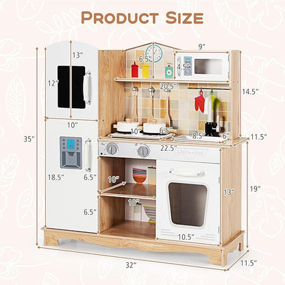 Costzon Kids Kitchen Playset, Wooden Toddlers Toy Kitchen with Light & Sound, Microwave, Ice Maker, Oven, Sink & Faucet, Cooking Accessories, Pretend Play Kitchen, Gift for Boys Girls Age 3+