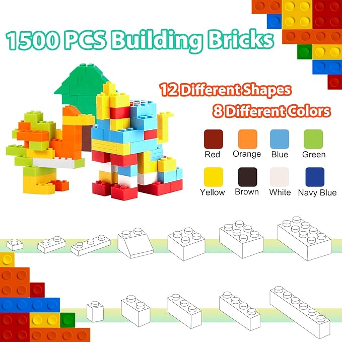 1500 Pieces Classic Building Bricks in 8 Popular Colors and 12 Mixed Shapes, Creative Small Building Blocks Set Learning Educational Toy Gift for Kids, Compatible with All Major Brands