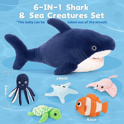 MaoGoLan Soft Shark Stuffed Animals in Bulk Plush Shark Toys with 5 Sea Animals Inside - Octopus Turtle Clown Fish Starfish Stingray, Kids Party Favors Valentine's Day Christmas