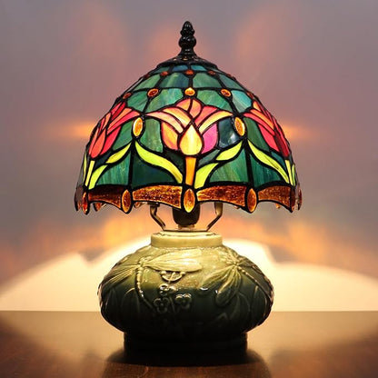 Small Tiffany Lamp Mushroom Table Lamp, Mini Stained Glass Desk Light Memory Sympathy Ceramic lamp 8X11 Inch (Tulip Style)