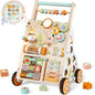 Baby Push Walker, Wooden Baby Walker with Wheels, Montessori Activity Center for 1 Year Old Boys Girls, Adjustable Speed & Height Push Toy for Toddlers, Educational Gift for Ages 1+ Kids Development