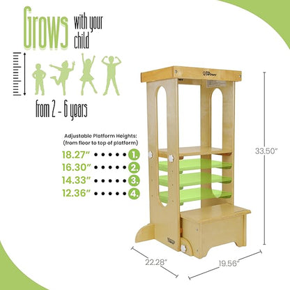Little Partners Foldable Toddler Tower, Learning Tower Explore 'N Store Montessori Standing Kitchen Tower with Folding Step Stool Platform for Cooking and Learning, Ages 2+ (Natural)