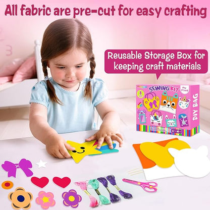 MEGUO Sewing Kit for Kids,Beginner Arts and Crafts, 8 Easy DIY Handbag and Ornaments, Christmas Birthday Gifts Presents Toys for Girls 4-12, Learn to Sew/Embroidery,Parent-Child Interaction