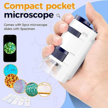 Handheld Portable Pocket Microscope for Kids - BEBANG Mini Lab Kids Microscope with 5 Prepared Slides LED Portable Microbiological Observation Miniscope Tool for Science Exploration