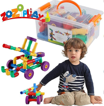 ZOZOPLAY STEM Learning Toy Tubular Pipes & Spouts & Joints 64 Piece Build Bicycle, Tank, Scootie, Moter Skills Endless Designs Educational Building Blocks Set for Kid Ages 3+ Multicolor