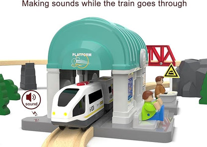 Train Station for Wooden Tracks, Train Accessories Tunnel with Sounds/Lights for Kids, Trains Toys for Motorized Cars for Railway System Compatible with Thomas & Friends, Brio, Chuggington