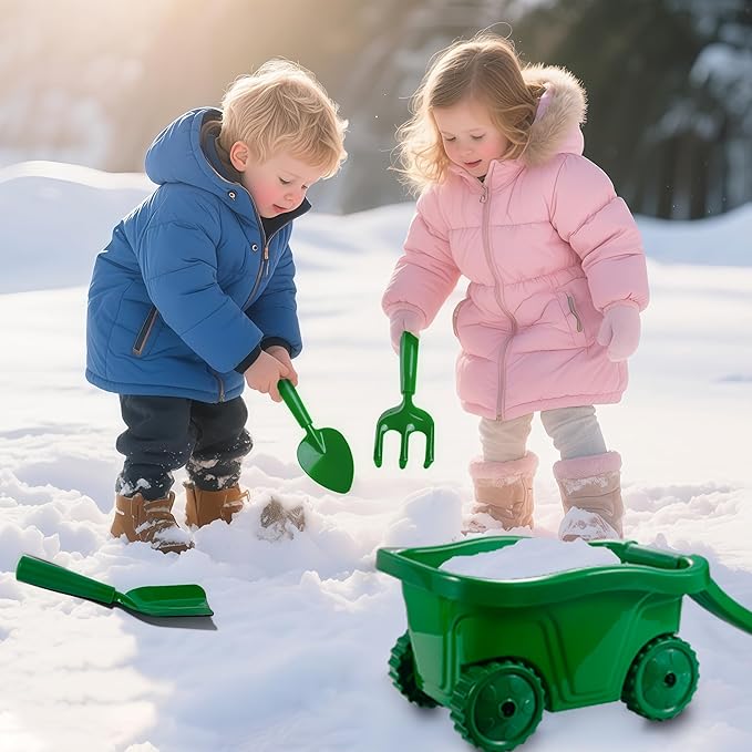 Duckura Kids Gardening Tools Set - 7pcs Wheelbarrow Set for Kids with Shovel, Rake, Leaf Rake, Summer Outdoor Yard Digging Weed Toys, Halloween Birthday Gifts for Boys Girls Age 3+ Years Old(Green)