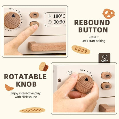 OOOK Wooden Kids Oven, Pretend Play Oven for Toddlers with DIY Stickers, Kitchen Play Set Accessories with Push-Pull Baking Tray. Ideal Choice for Boys and Girls Aged 3+
